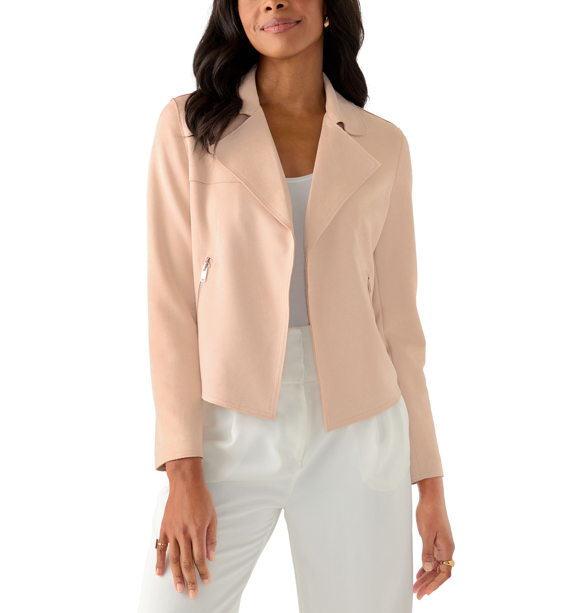 Womens Notch Collar Open Vegan Suede Jacket