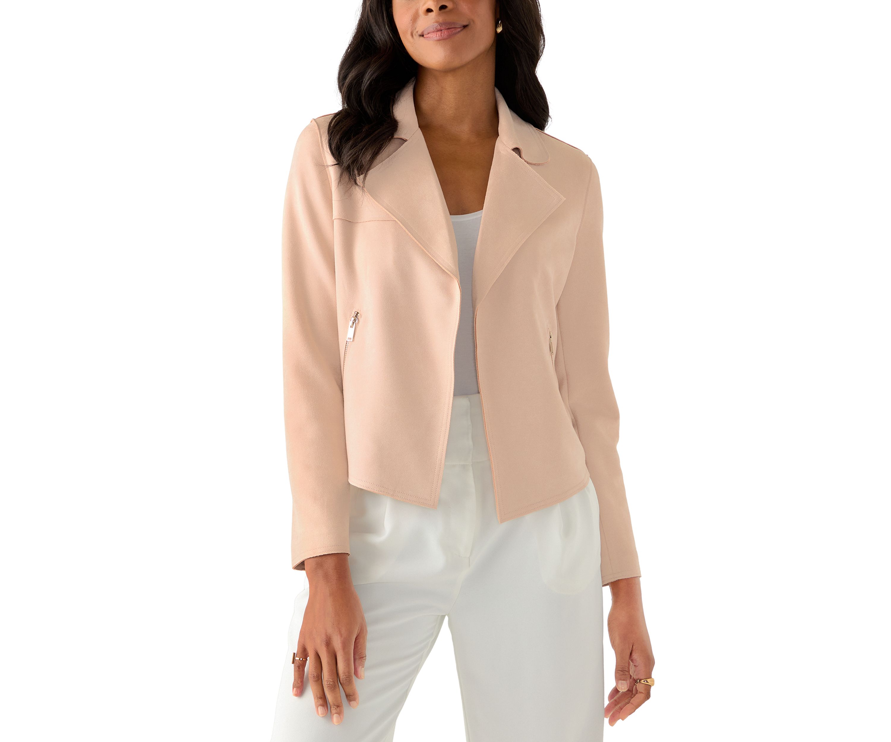 Womens Notch Collar Open Vegan Suede Jacket