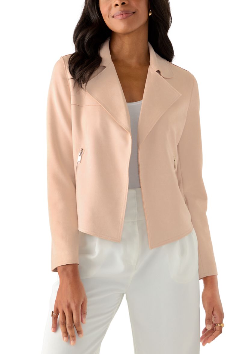 Womens Notch Collar Open Vegan Suede Jacket