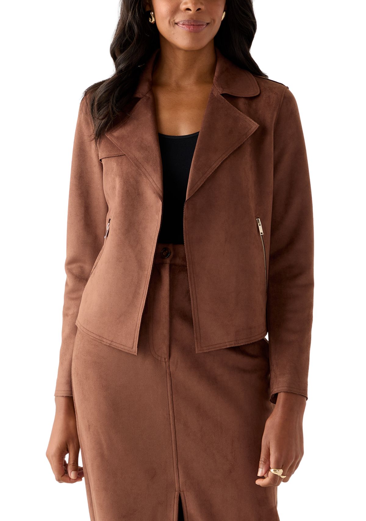 Womens Notch Collar Open Vegan Suede Jacket