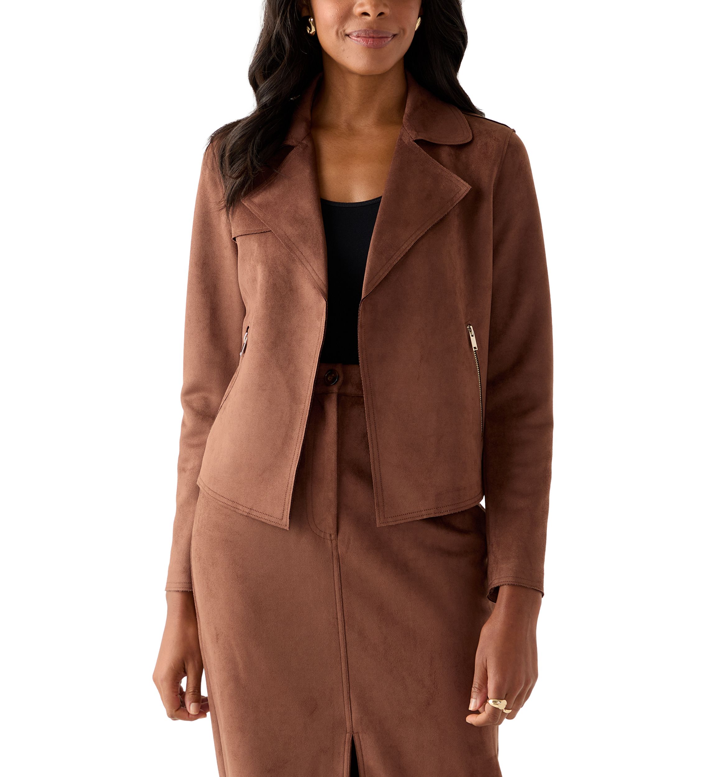 Womens Notch Collar Open Vegan Suede Jacket