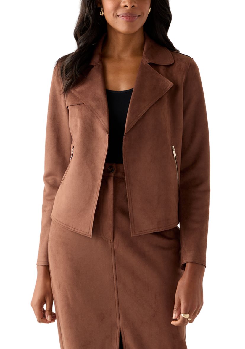 Womens Notch Collar Open Vegan Suede Jacket