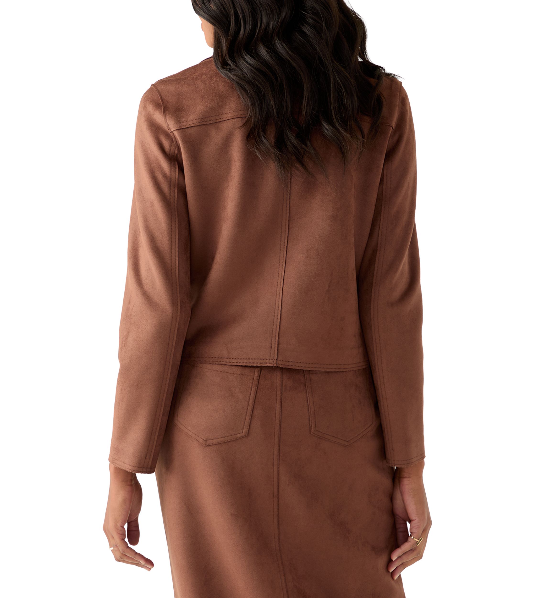 Womens Notch Collar Open Vegan Suede Jacket