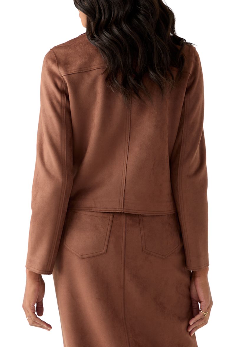 Womens Notch Collar Open Vegan Suede Jacket