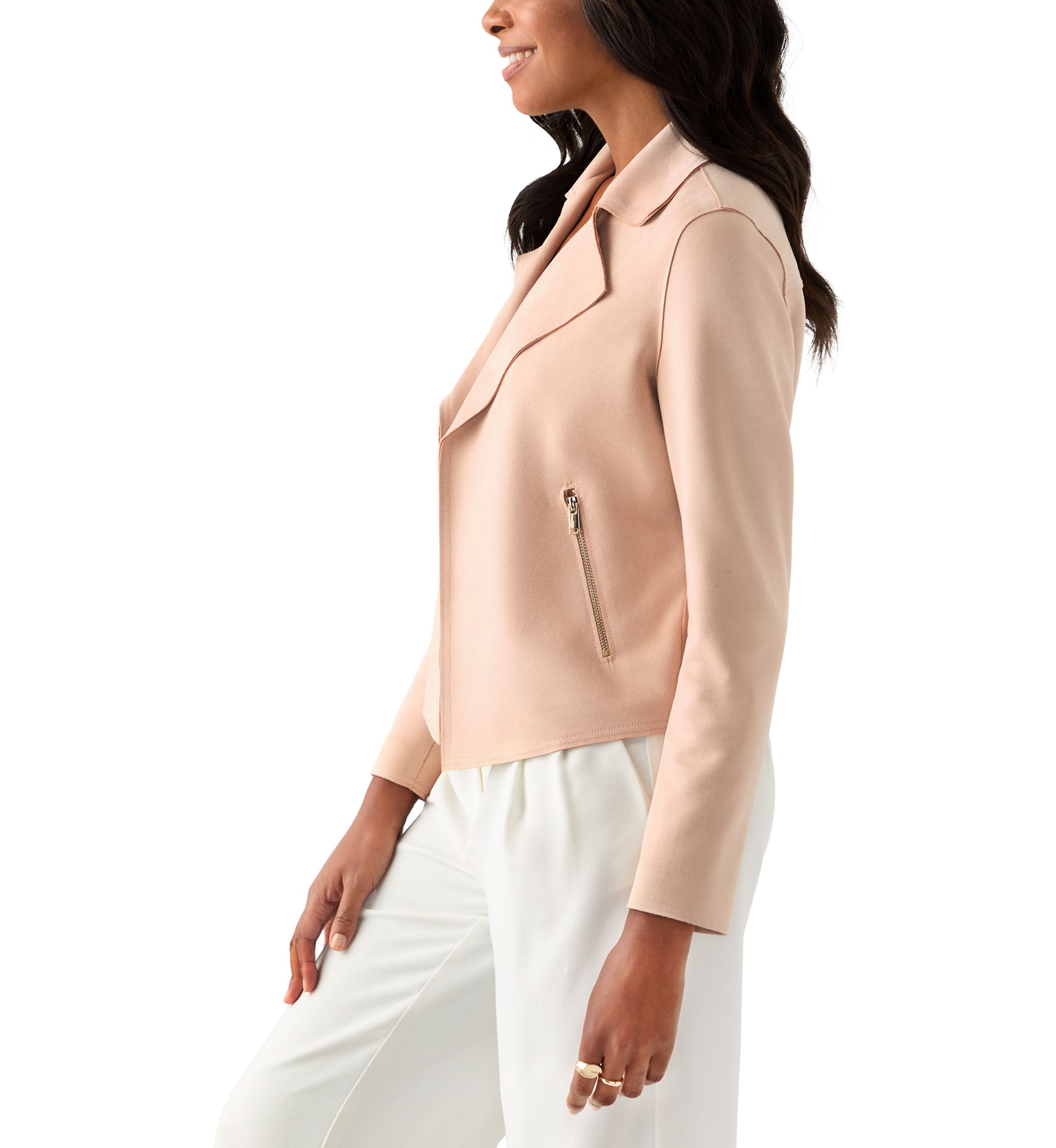 Womens Notch Collar Open Vegan Suede Jacket