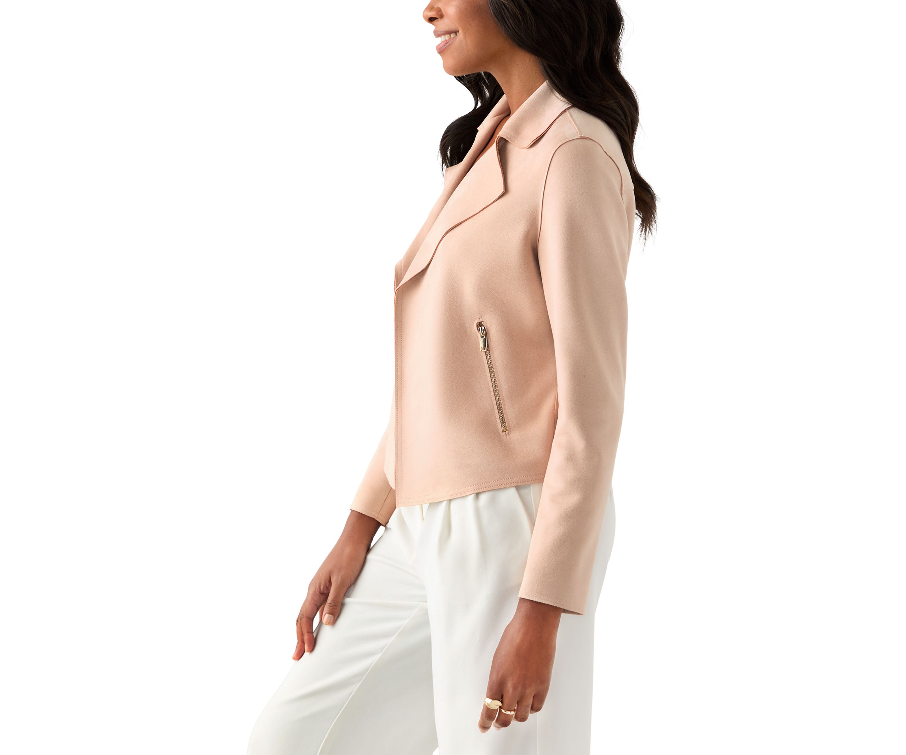 Womens Notch Collar Open Vegan Suede Jacket