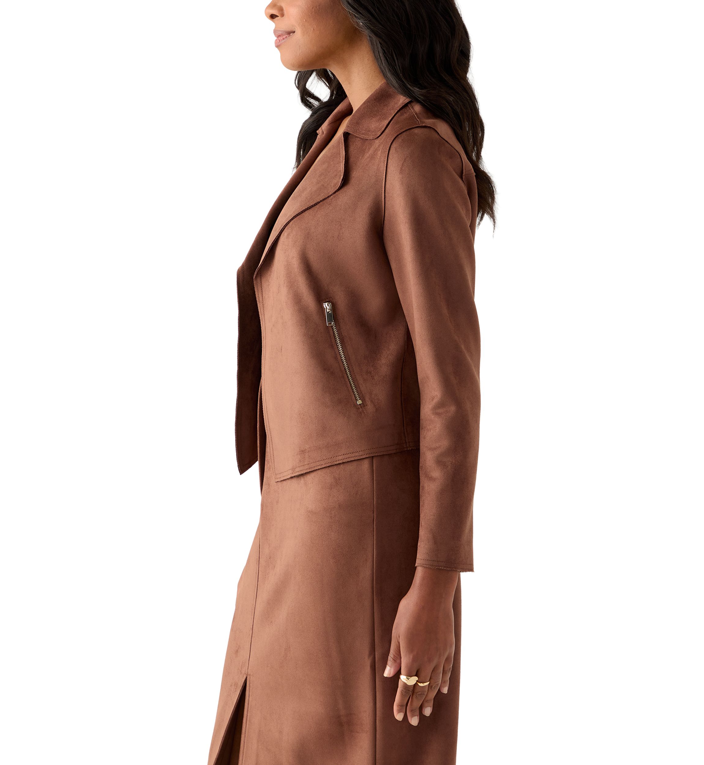 Womens Notch Collar Open Vegan Suede Jacket