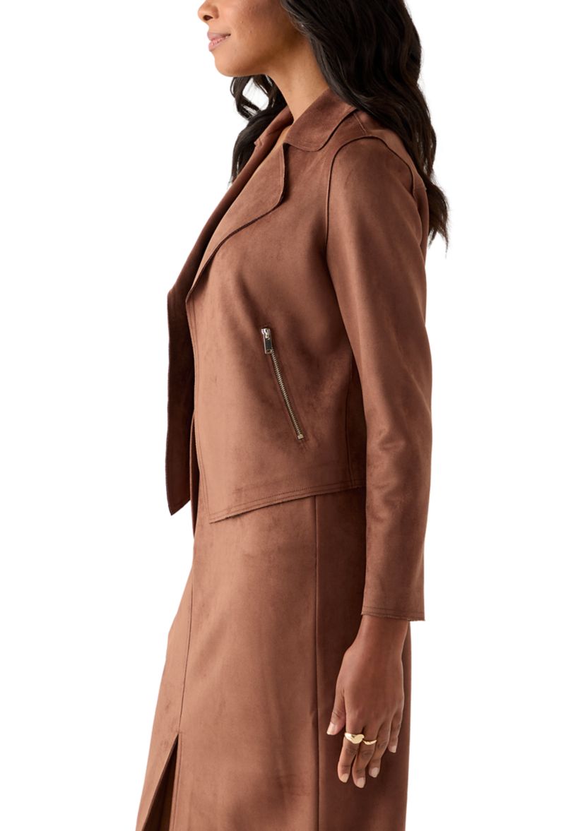 Womens Notch Collar Open Vegan Suede Jacket
