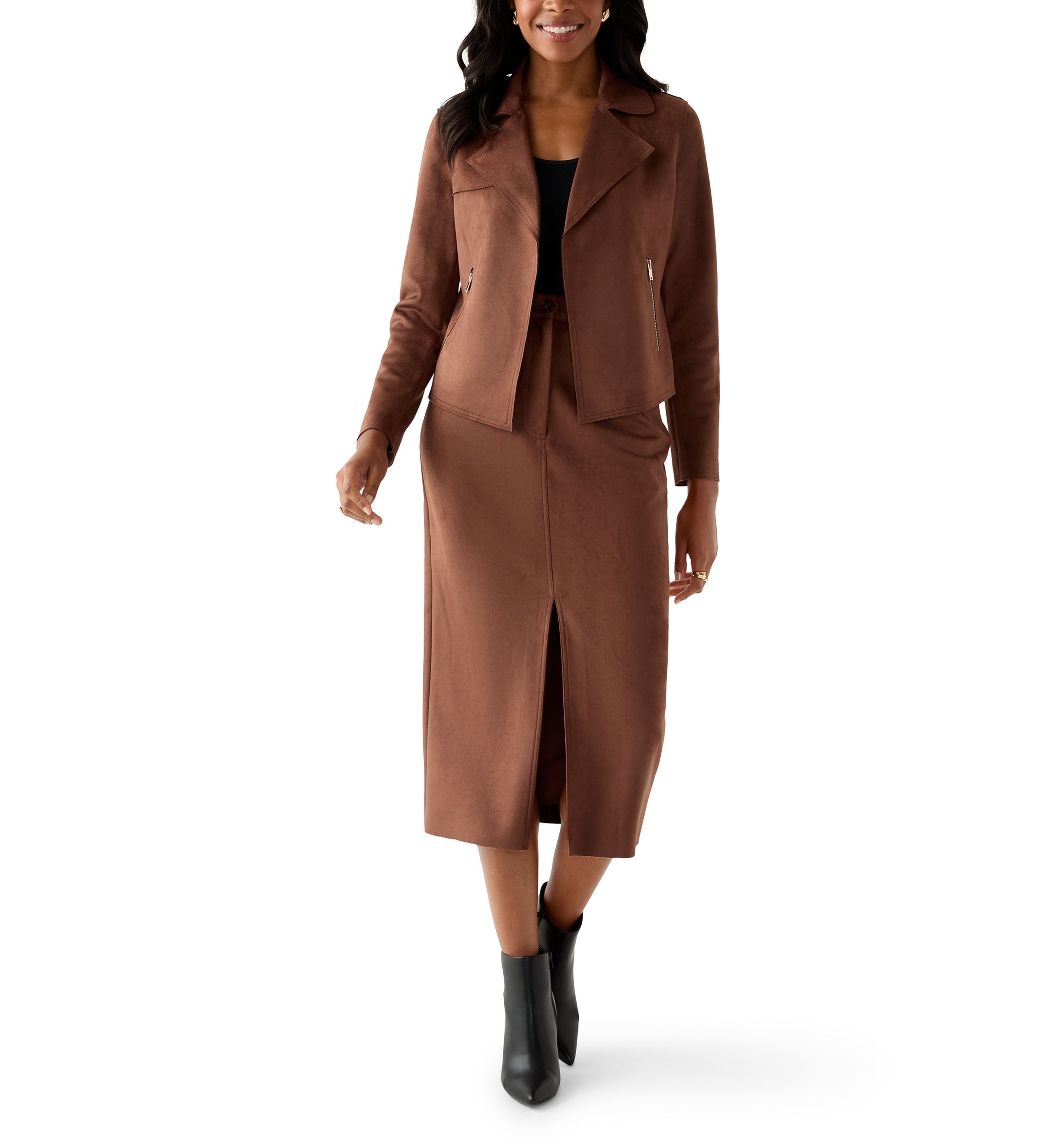 Womens Notch Collar Open Vegan Suede Jacket