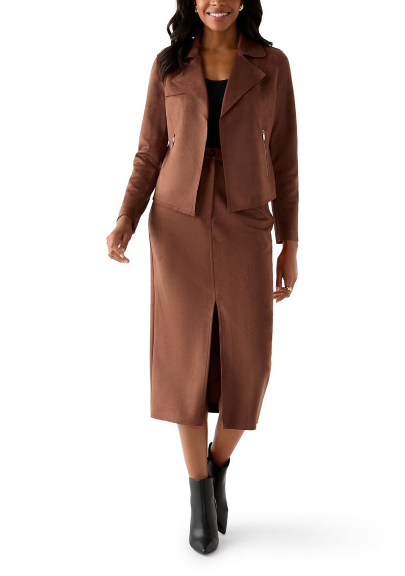 Womens Notch Collar Open Vegan Suede Jacket
