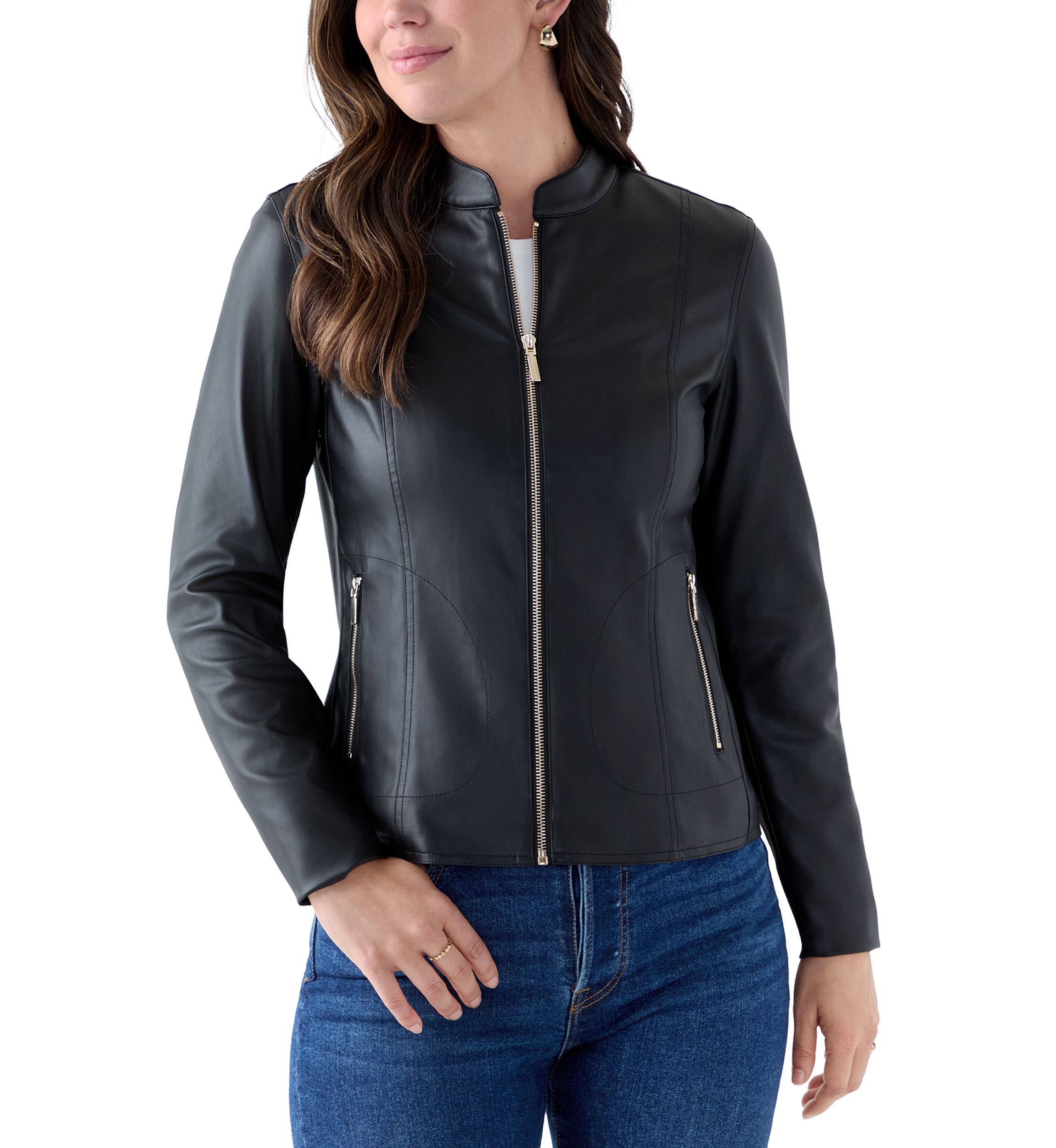 Womens Collarless Zip-Front Vegan Leather Jacket