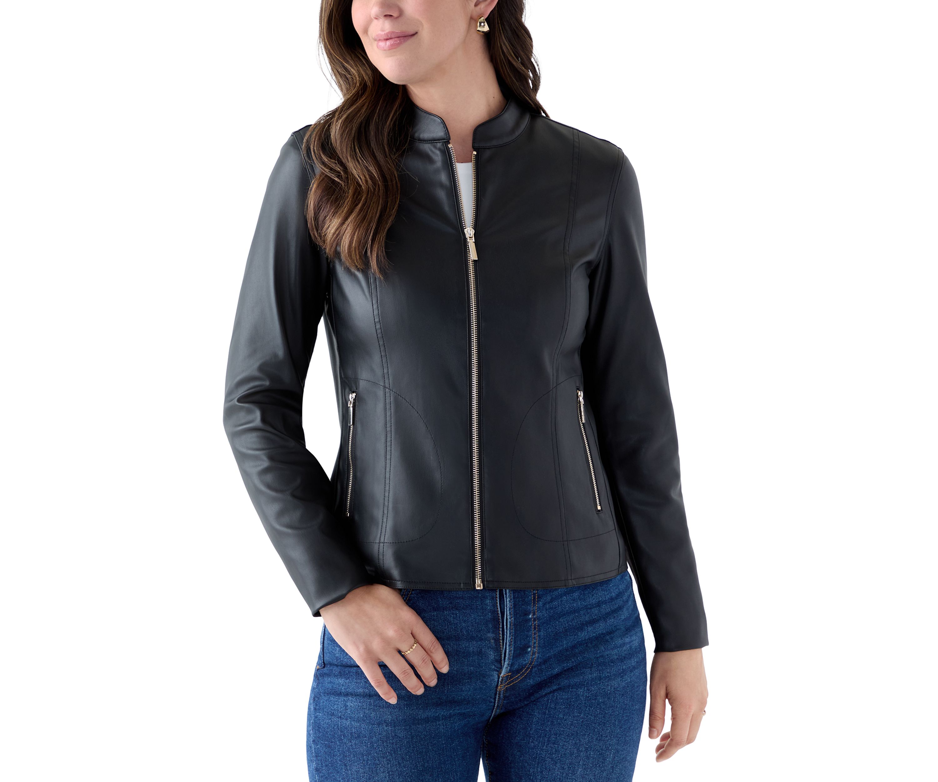 Womens Collarless Zip-Front Vegan Leather Jacket