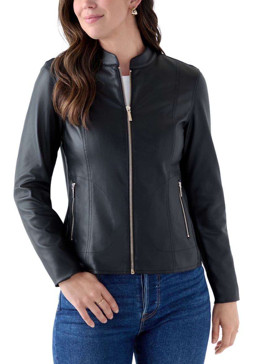 Womens Collarless Zip-Front Vegan Leather Jacket