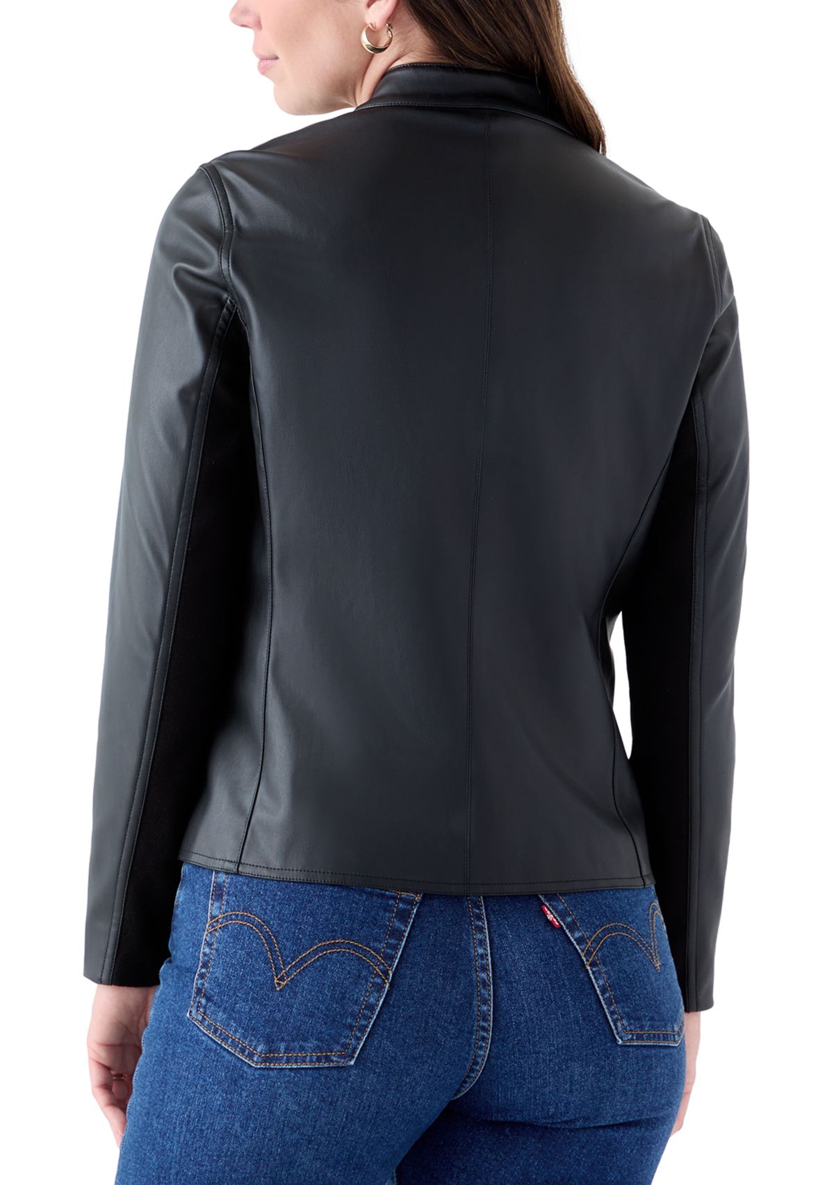 Womens Collarless Zip-Front Vegan Leather Jacket