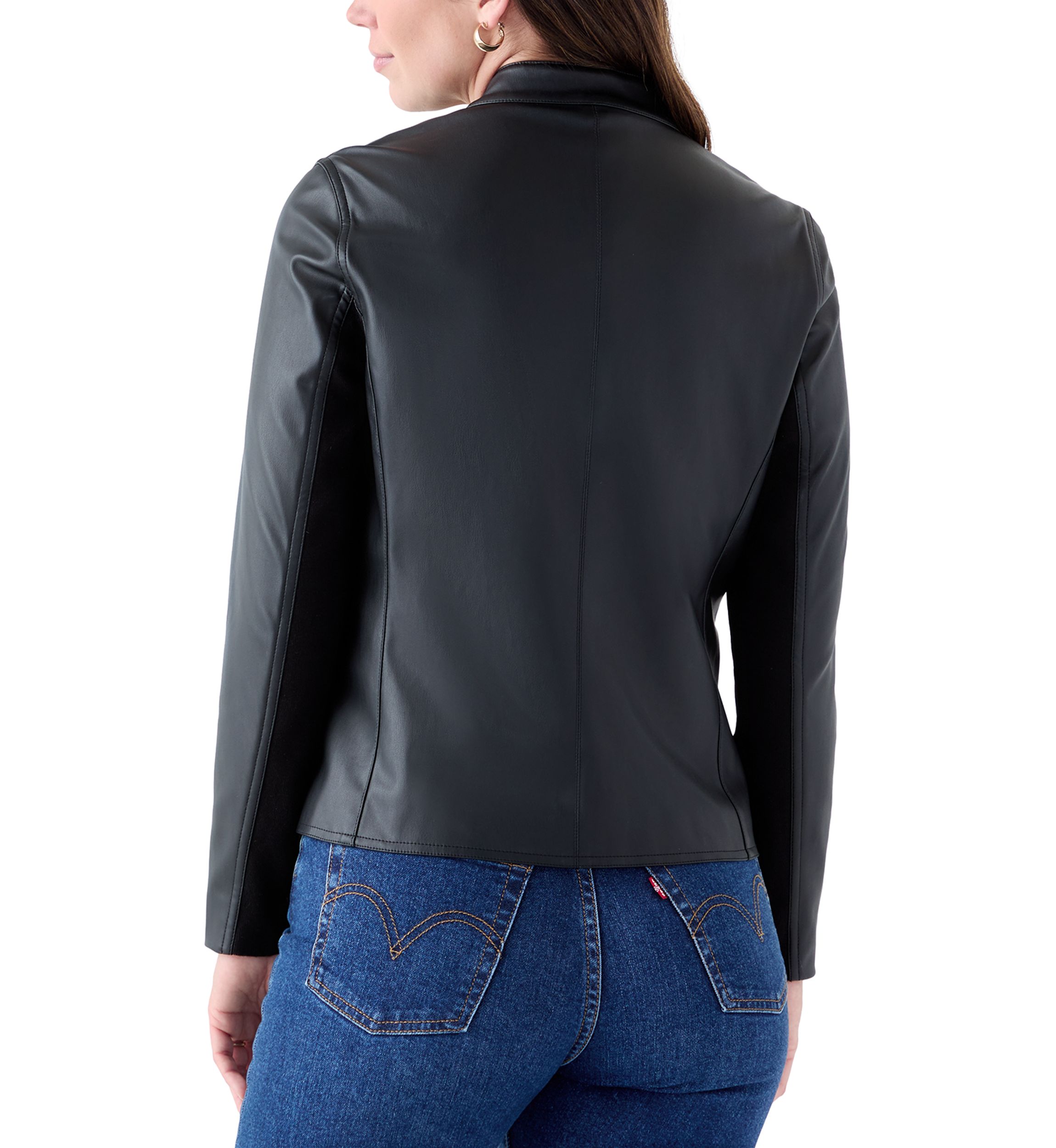 Womens Collarless Zip-Front Vegan Leather Jacket