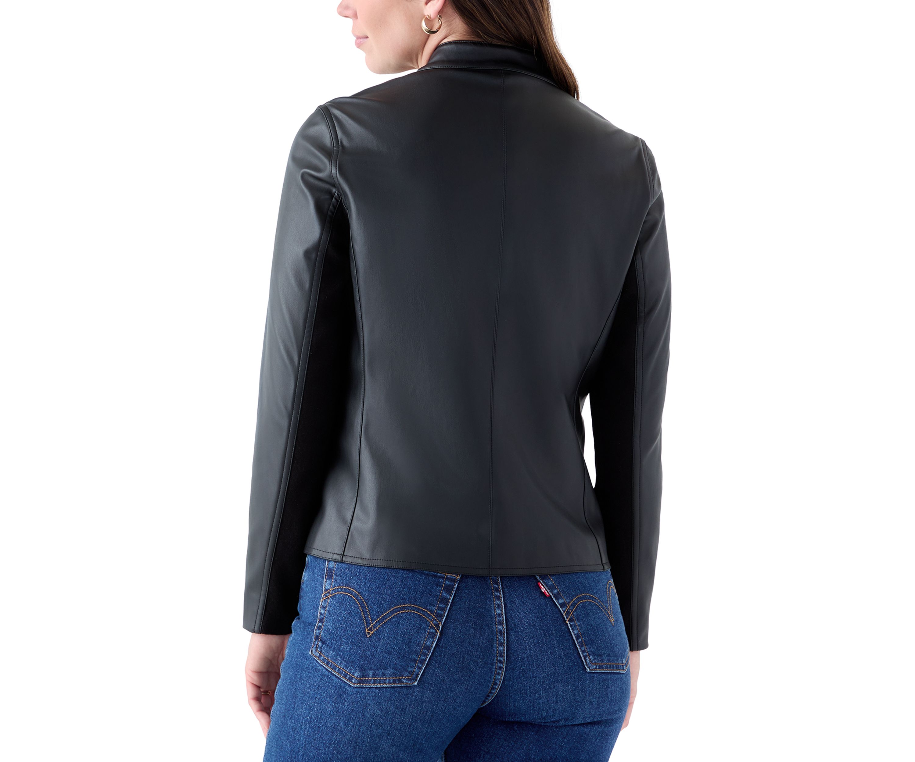 Womens Collarless Zip-Front Vegan Leather Jacket