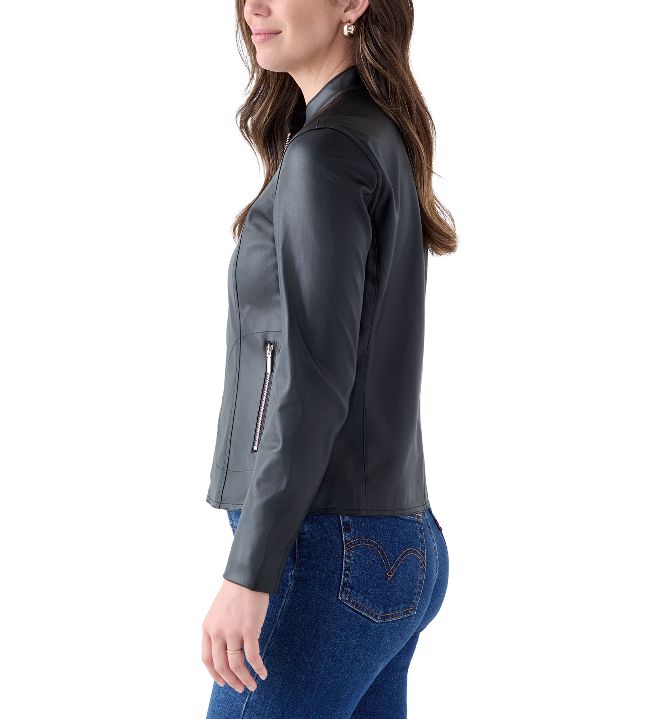 Womens Collarless Zip-Front Vegan Leather Jacket