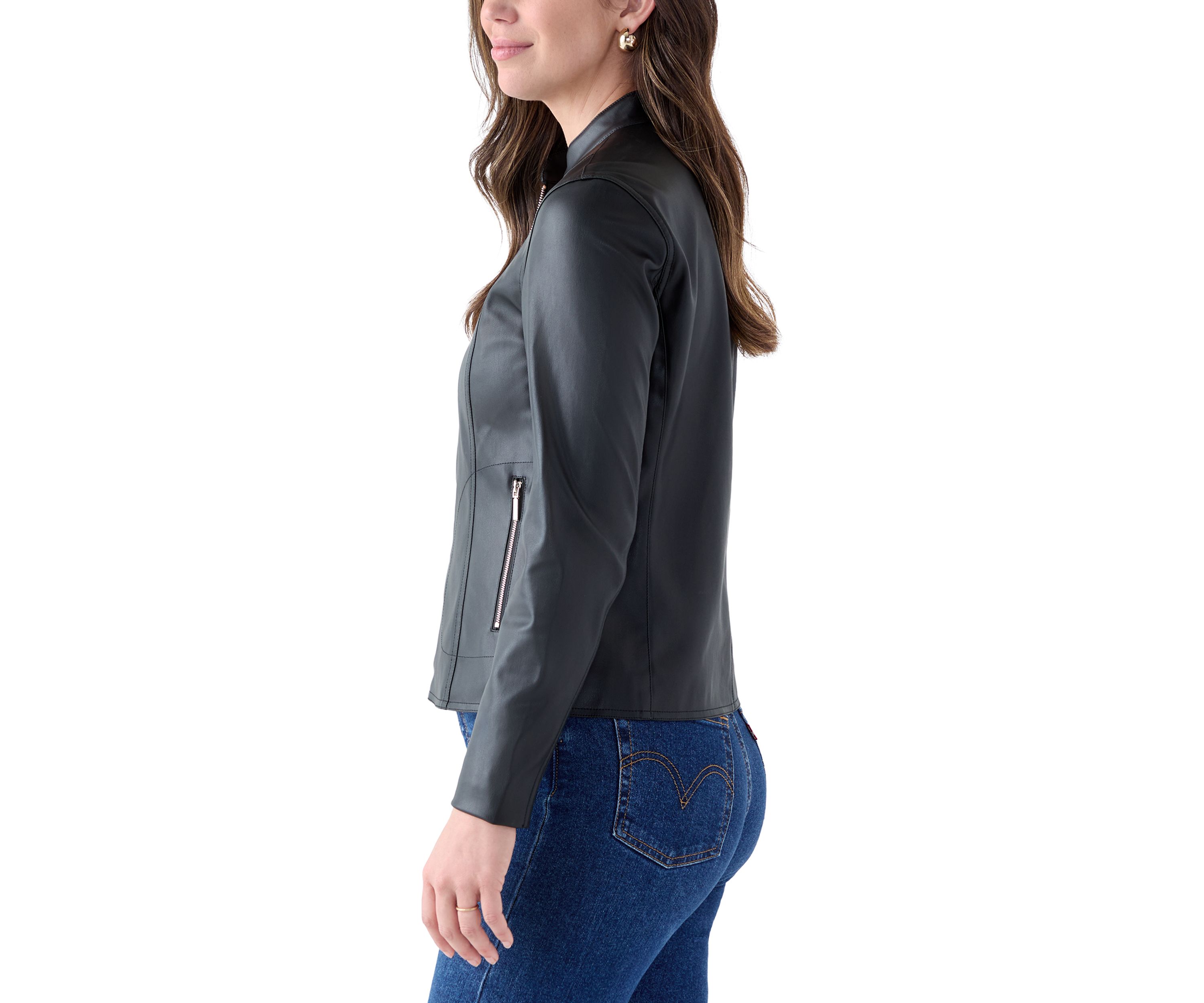 Womens Collarless Zip-Front Vegan Leather Jacket