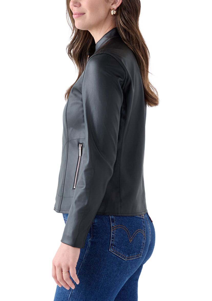 Womens Collarless Zip-Front Vegan Leather Jacket