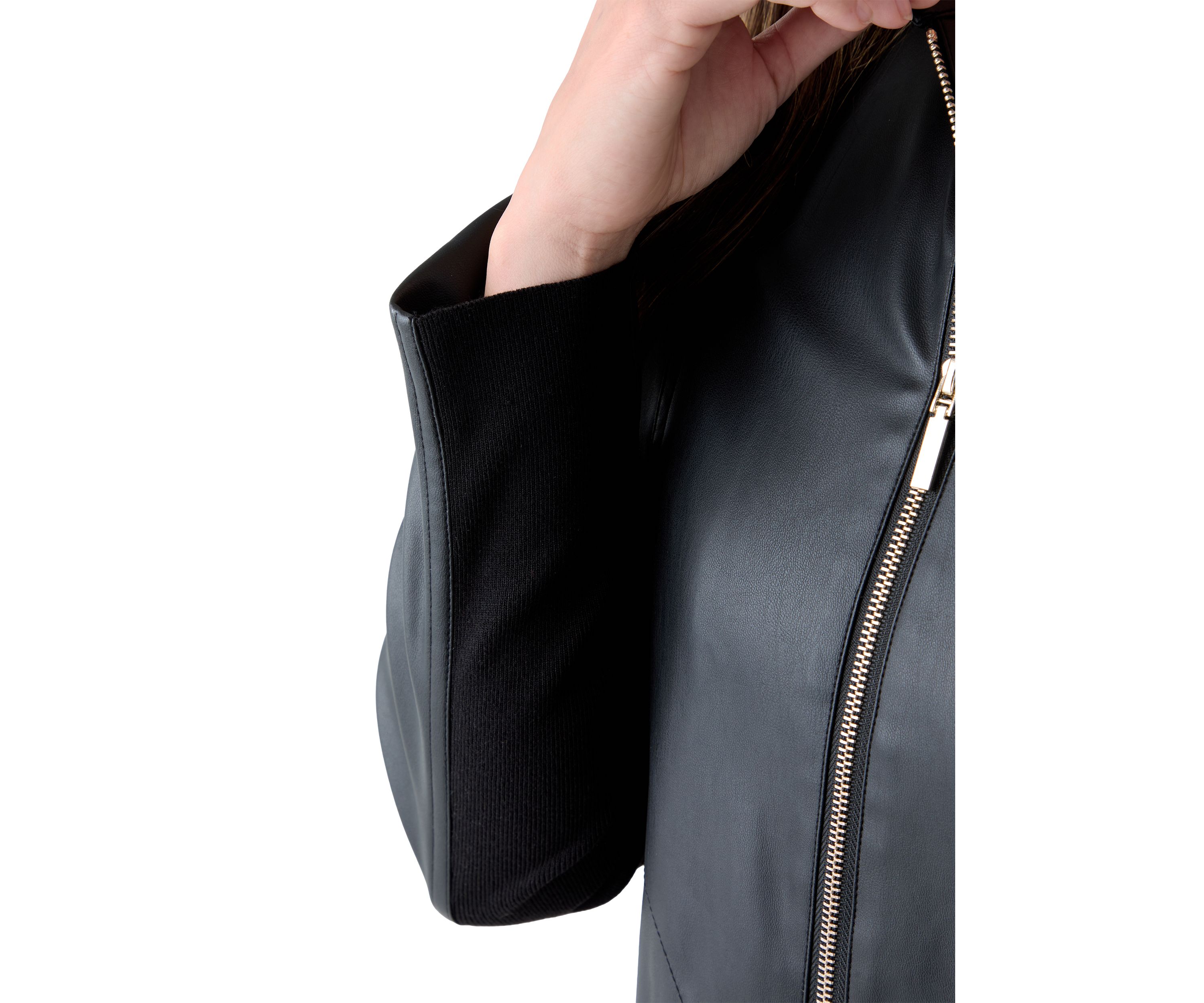 Womens Collarless Zip-Front Vegan Leather Jacket