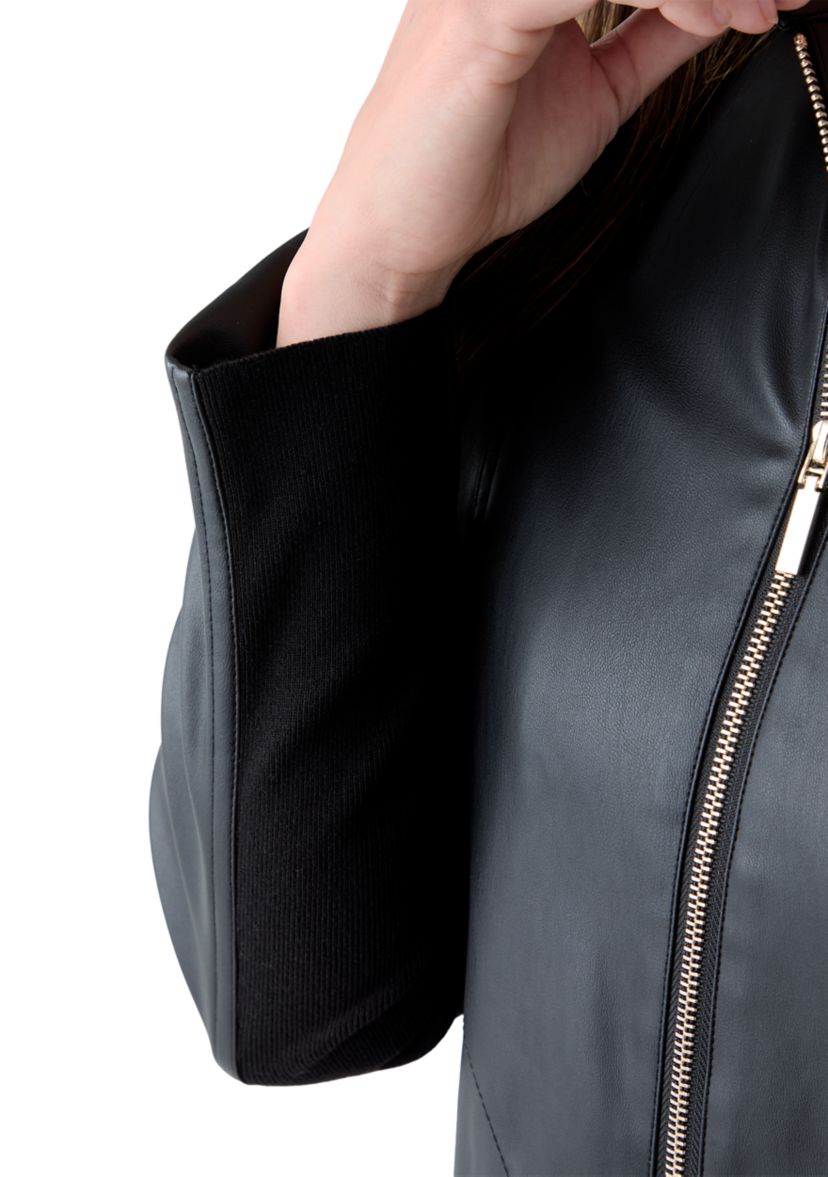 Womens Collarless Zip-Front Vegan Leather Jacket
