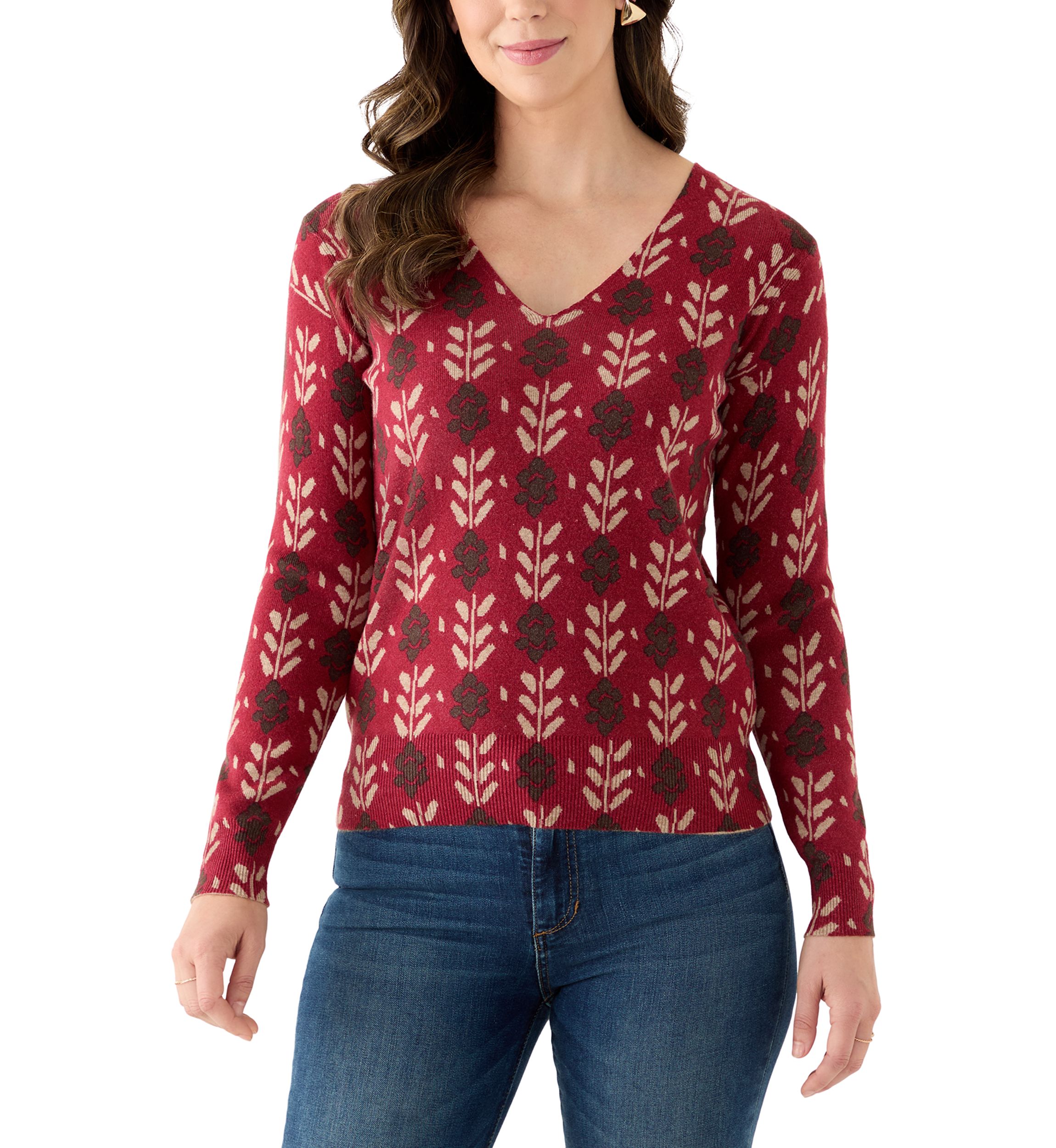 Womens V-Neck Printed Sweater