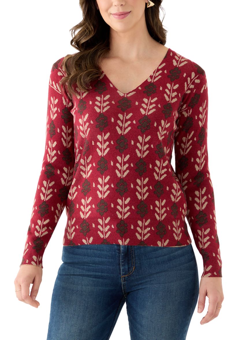 Womens V-Neck Printed Sweater