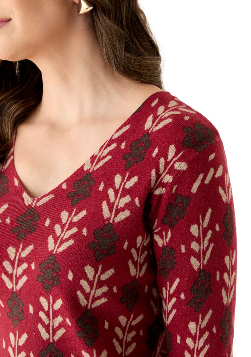 Womens V-Neck Printed Sweater