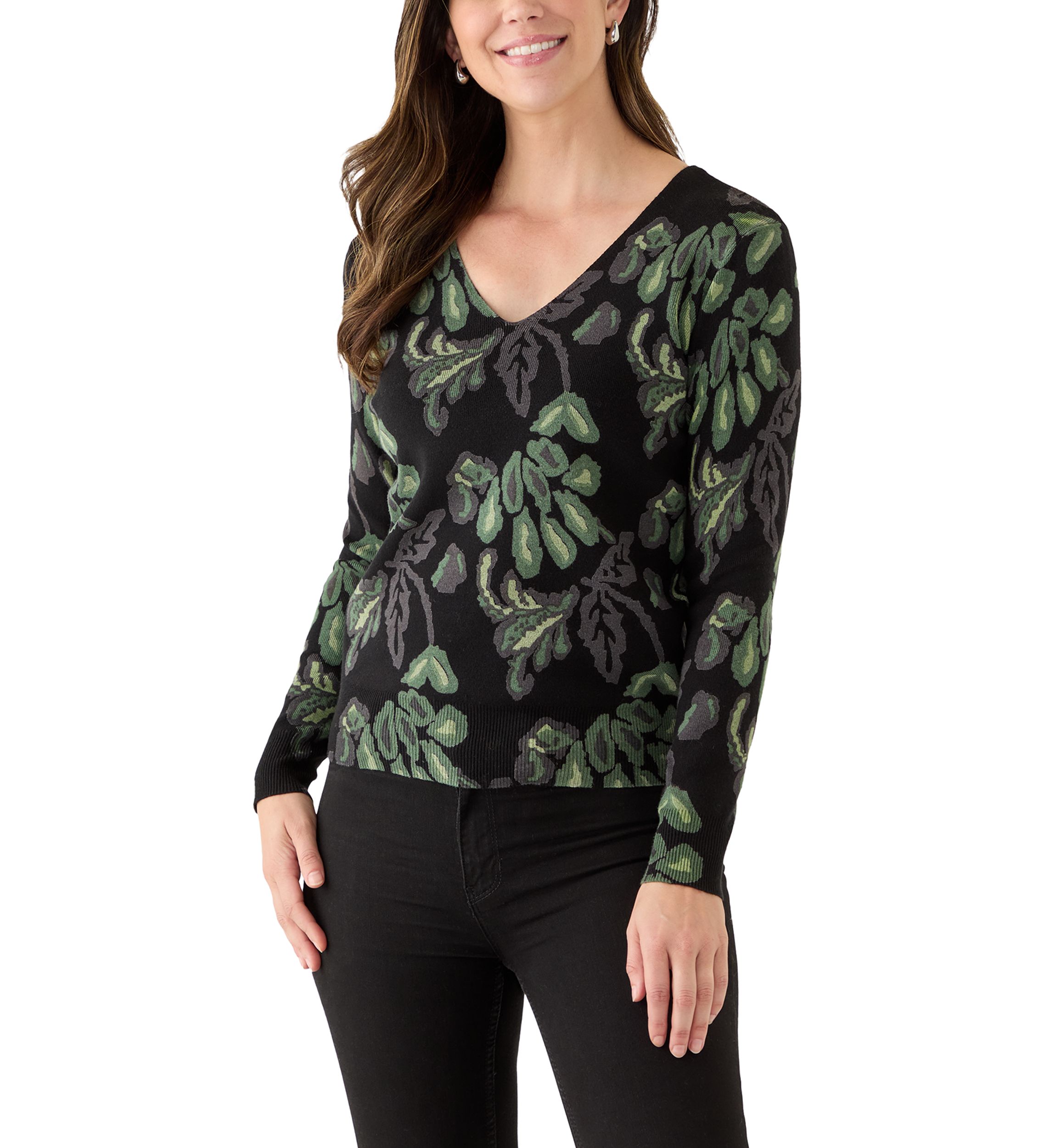 Womens Long Sleeve V-Neck Printed Sweater