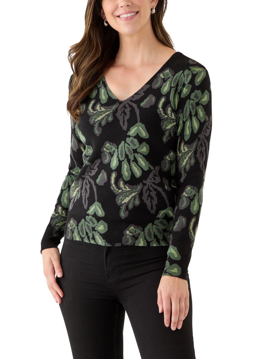 Womens Long Sleeve V-Neck Printed Sweater