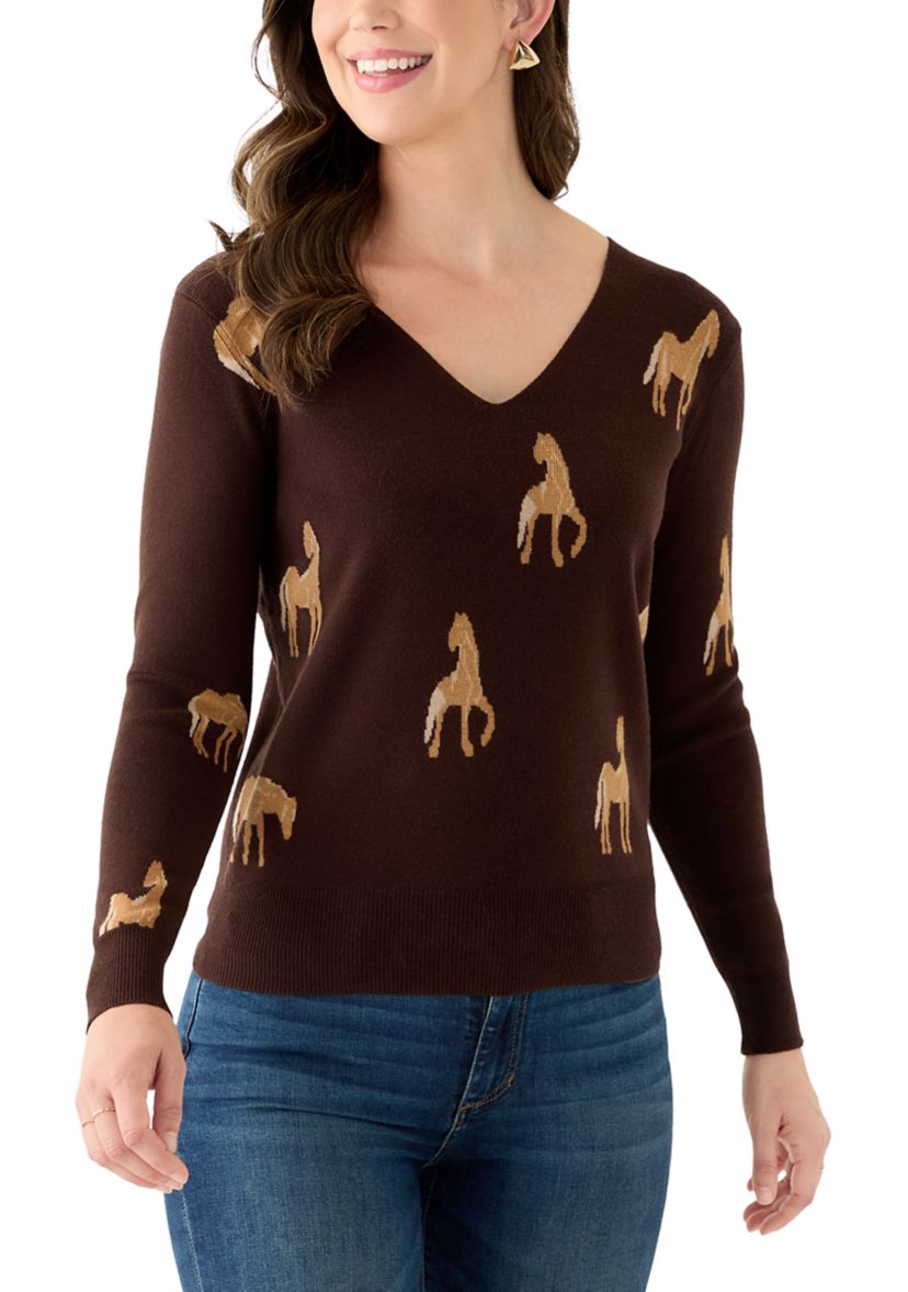 Womens V-Neck Printed Sweater