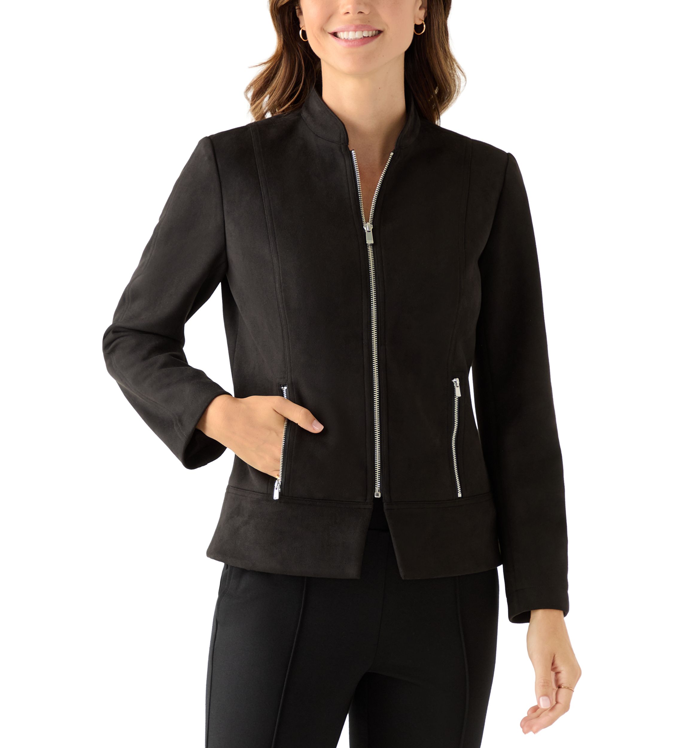 Womens Zip Front Collarless Vegan Suede Jacket