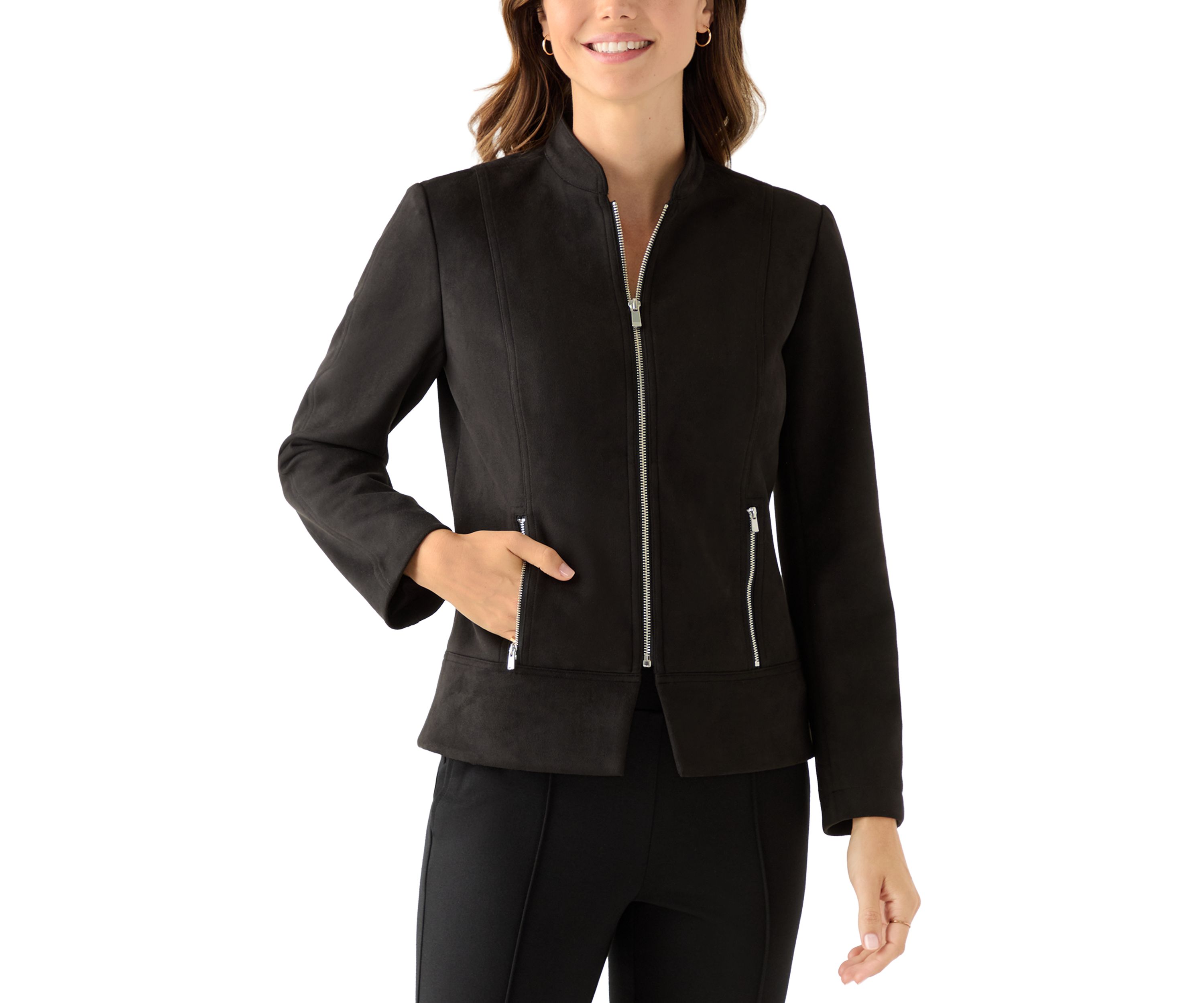 Womens Zip Front Collarless Vegan Suede Jacket