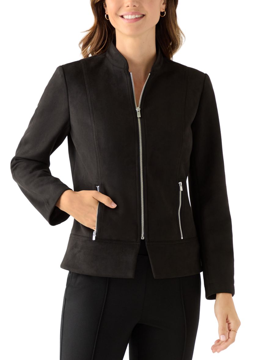 Womens Zip Front Collarless Vegan Suede Jacket
