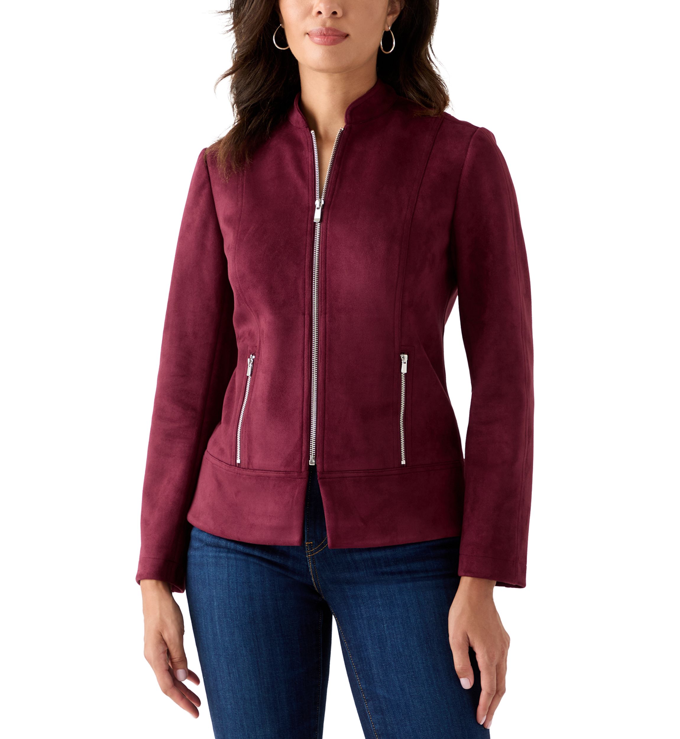 Womens Zip Front Collarless Vegan Suede Jacket
