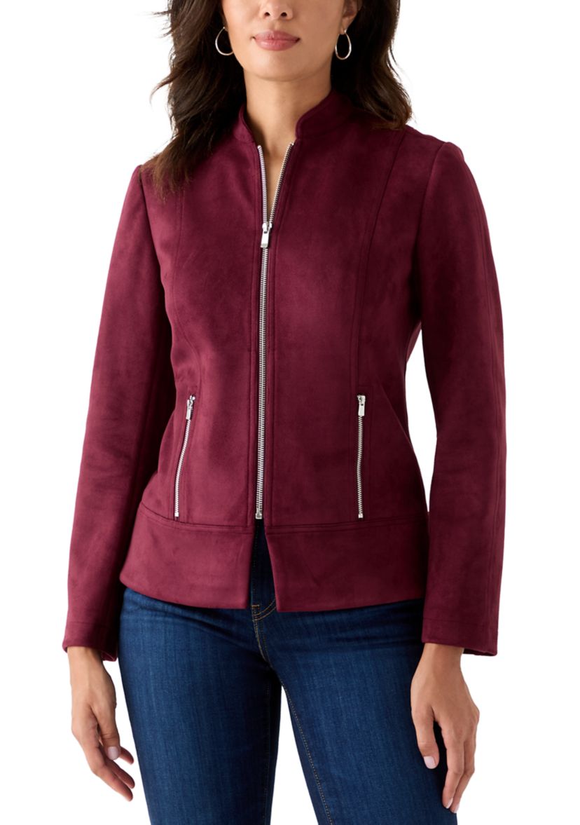 Womens Zip Front Collarless Vegan Suede Jacket