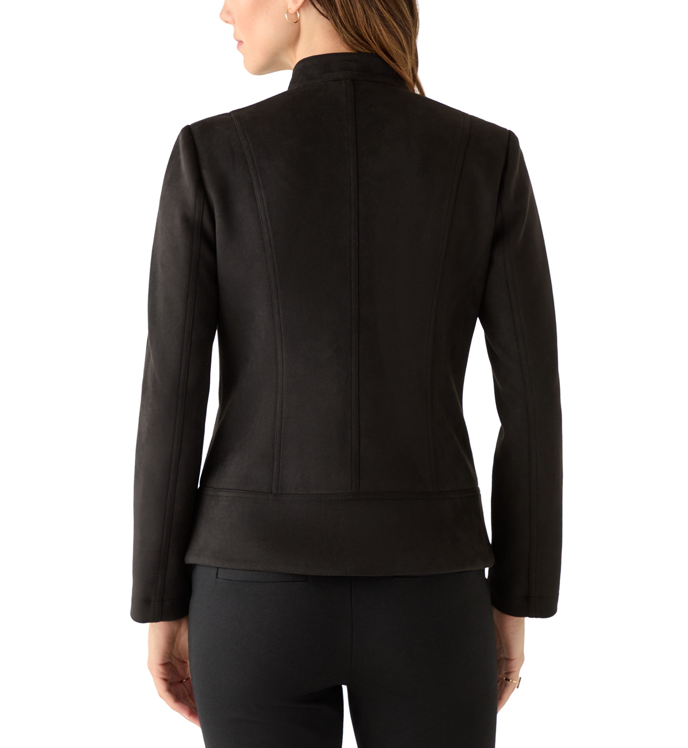 Womens Zip Front Collarless Vegan Suede Jacket