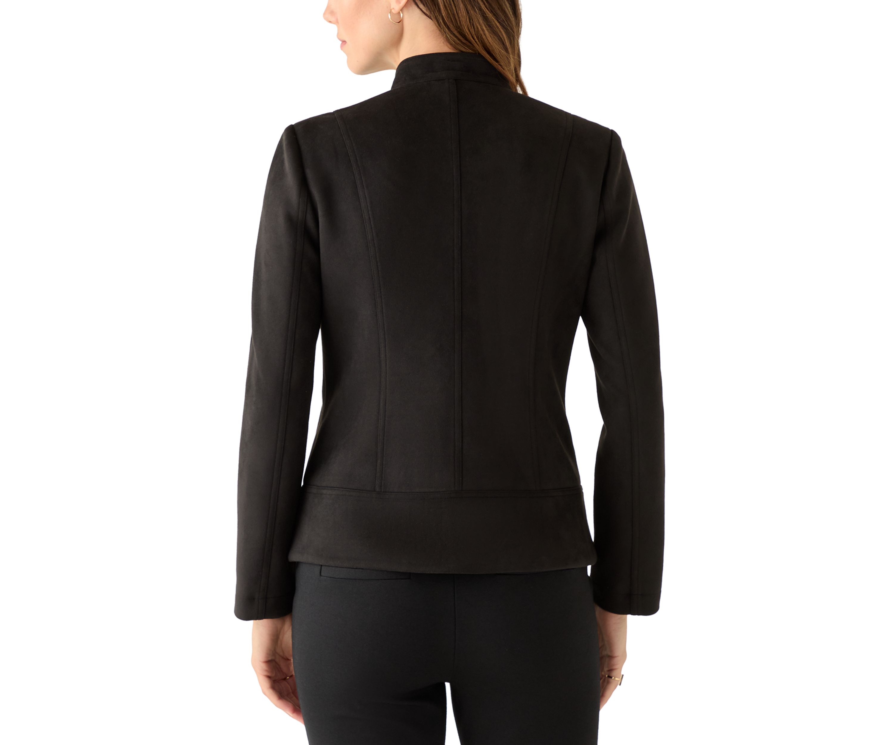 Womens Zip Front Collarless Vegan Suede Jacket