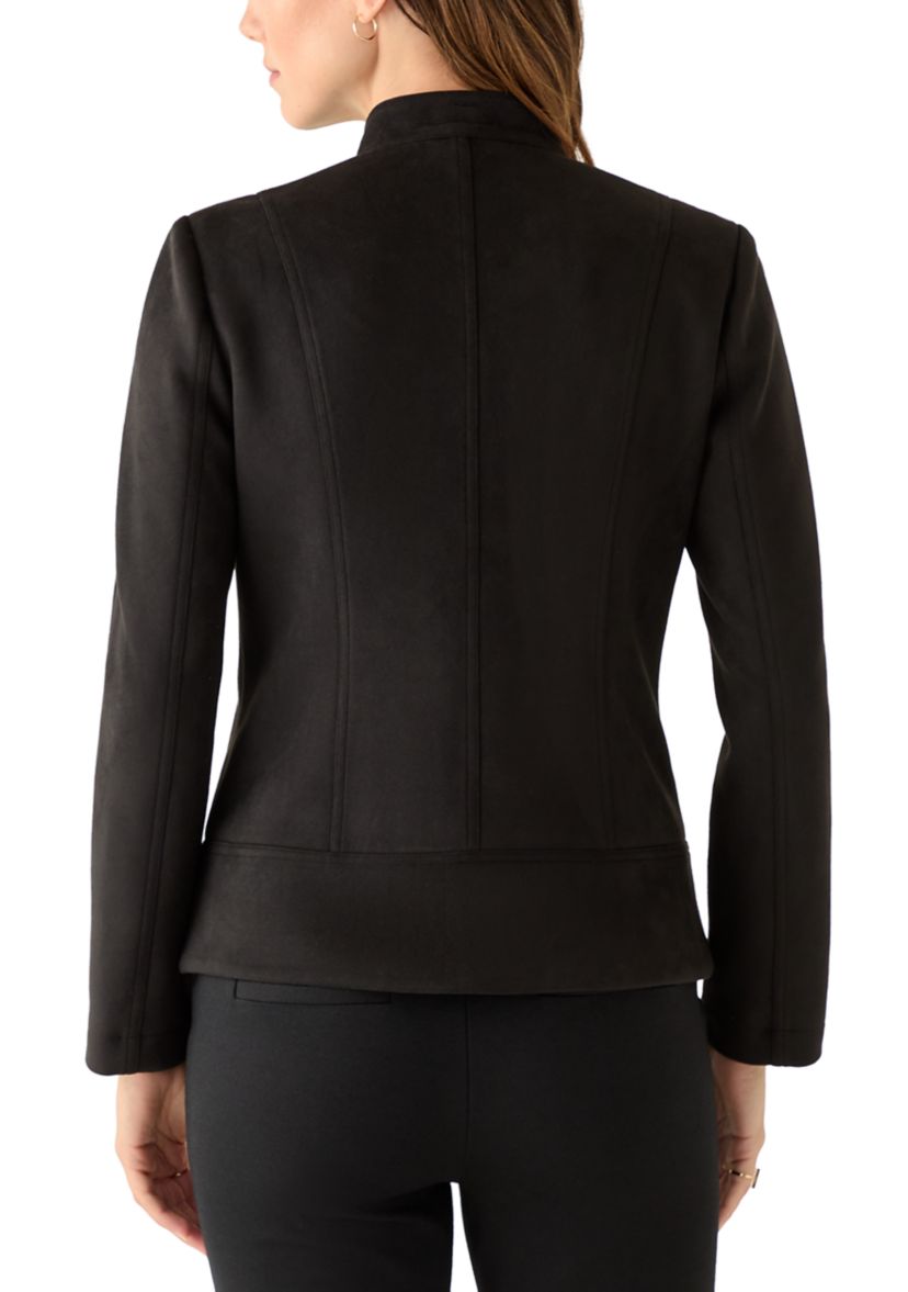 Womens Zip Front Collarless Vegan Suede Jacket