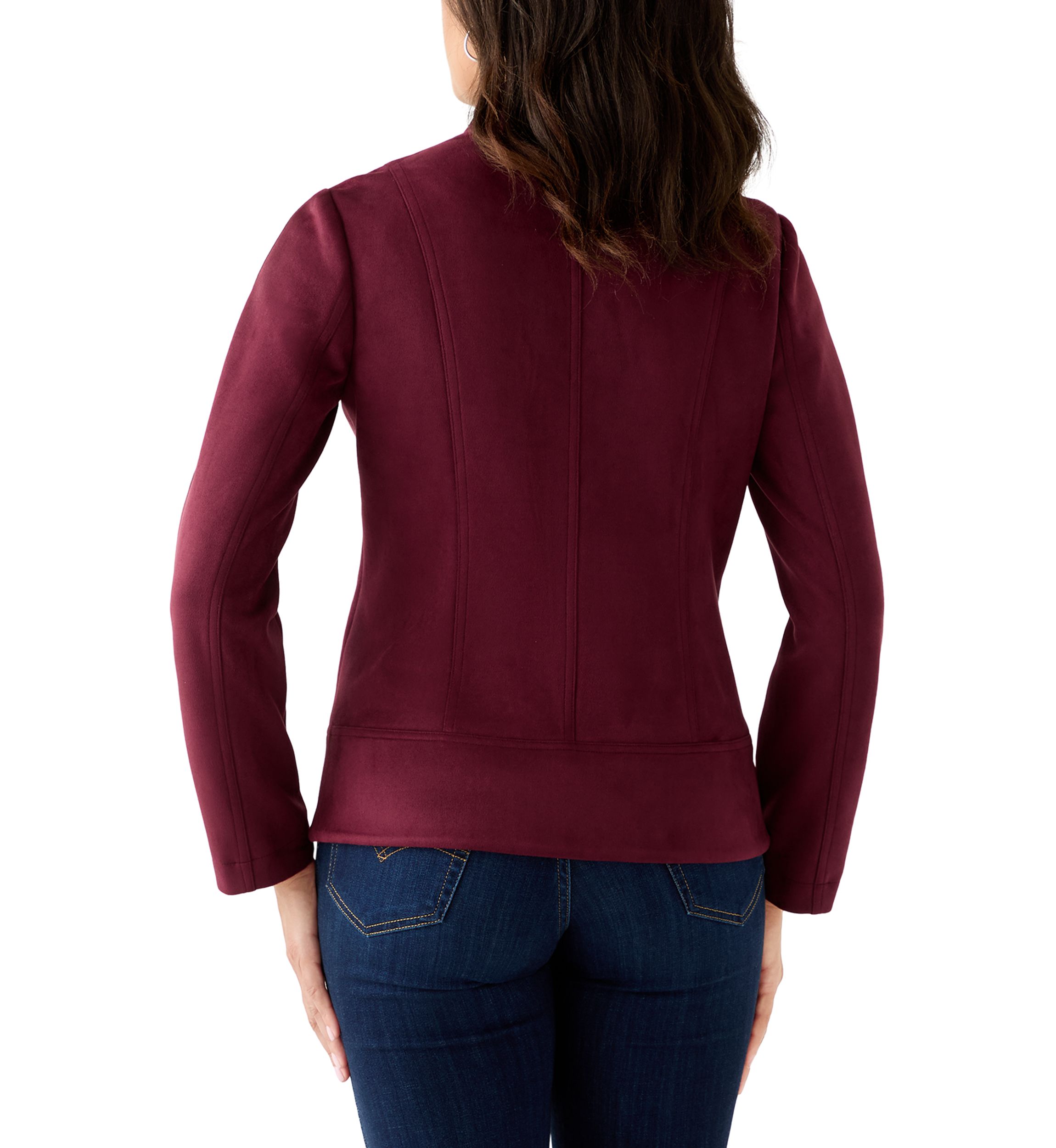 Womens Zip Front Collarless Vegan Suede Jacket