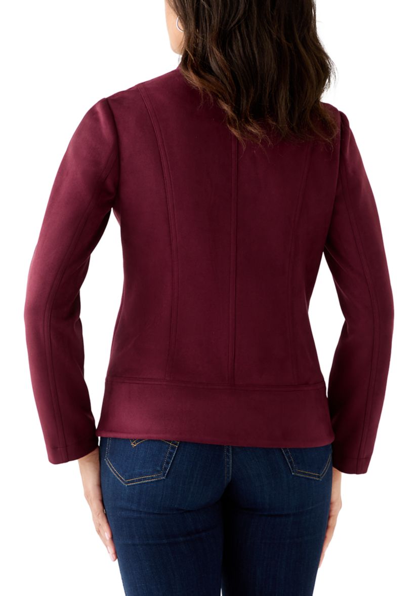 Womens Zip Front Collarless Vegan Suede Jacket