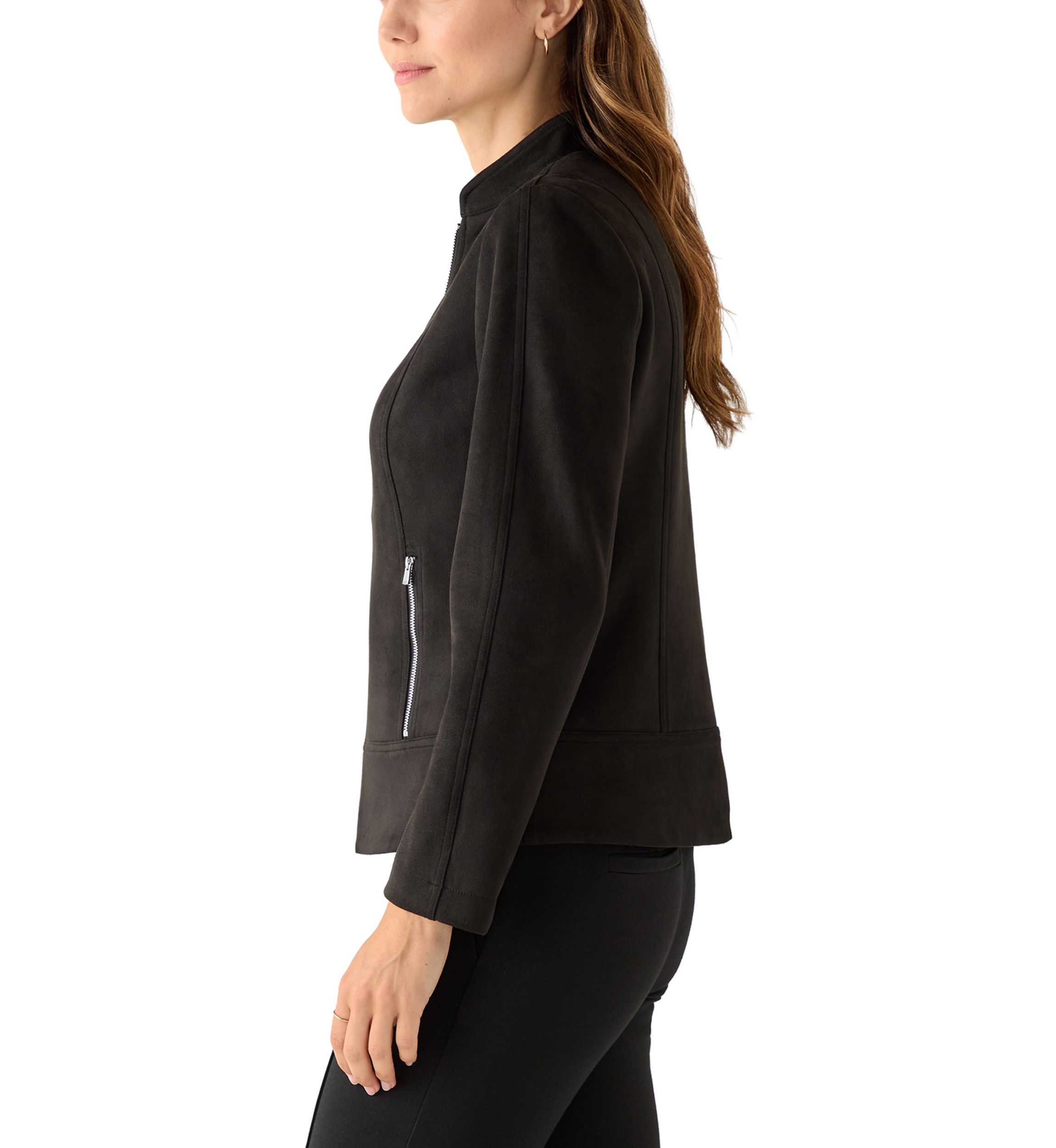 Womens Zip Front Collarless Vegan Suede Jacket