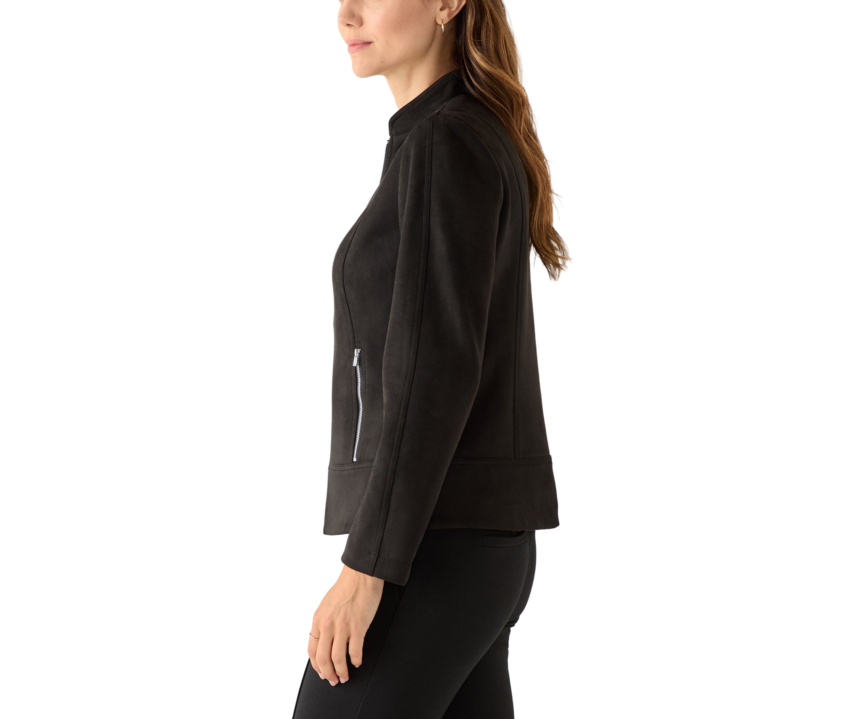 Womens Zip Front Collarless Vegan Suede Jacket