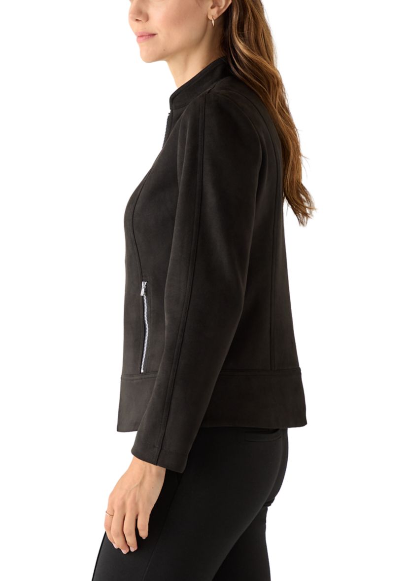 Womens Zip Front Collarless Vegan Suede Jacket