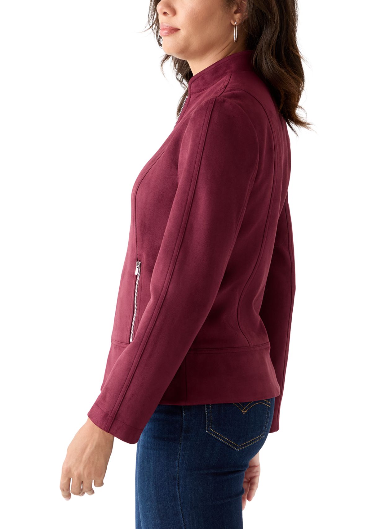 Womens Zip Front Collarless Vegan Suede Jacket