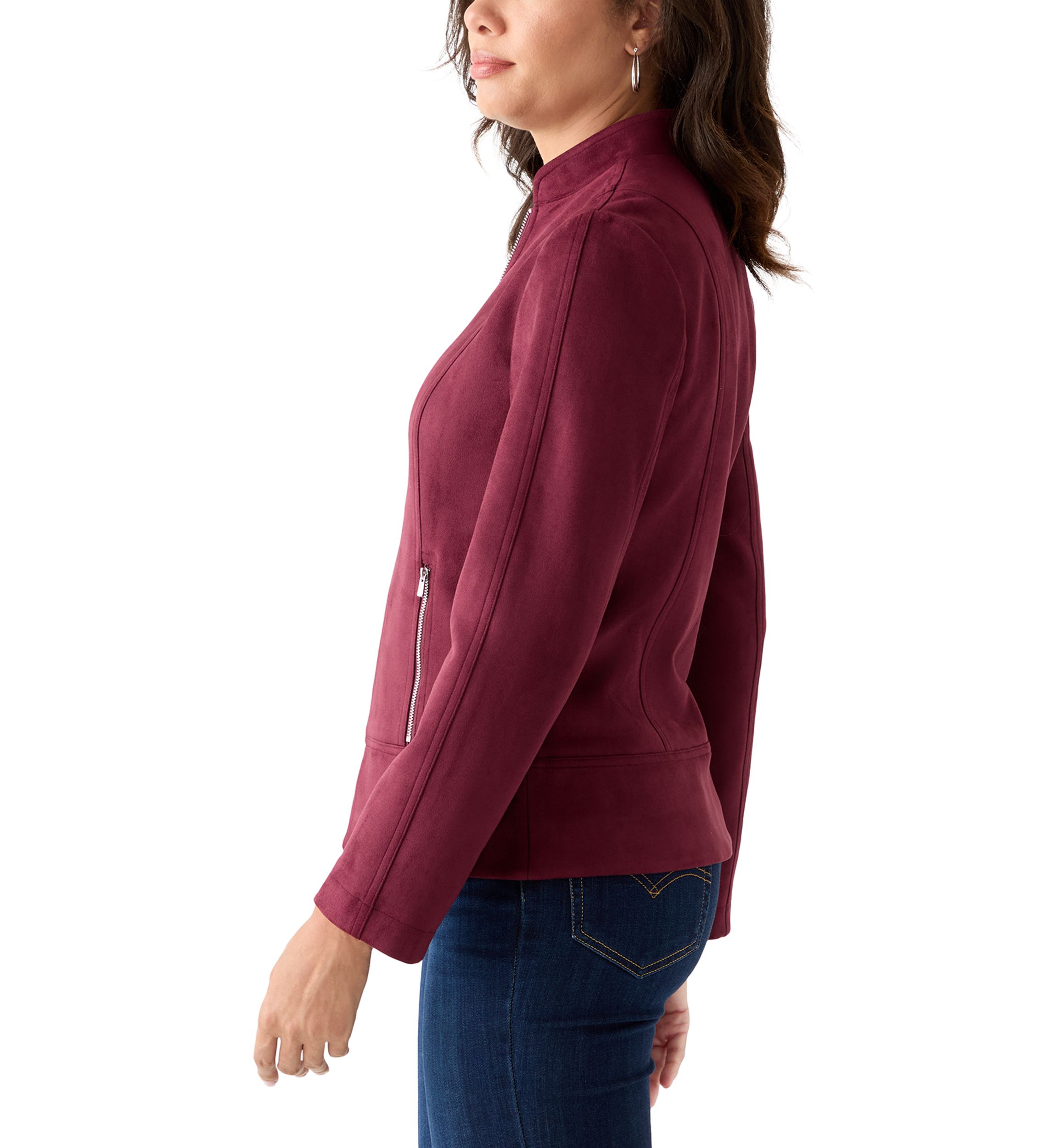 Womens Zip Front Collarless Vegan Suede Jacket