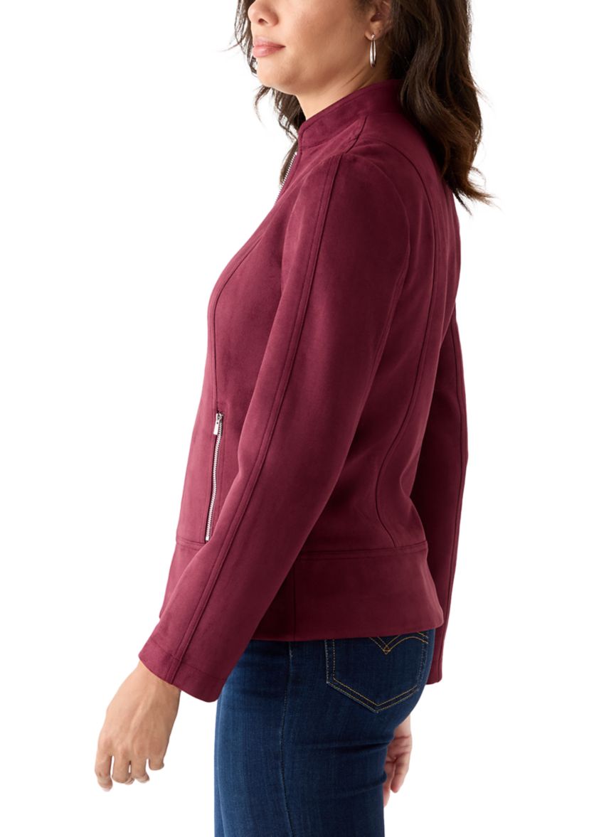 Womens Zip Front Collarless Vegan Suede Jacket