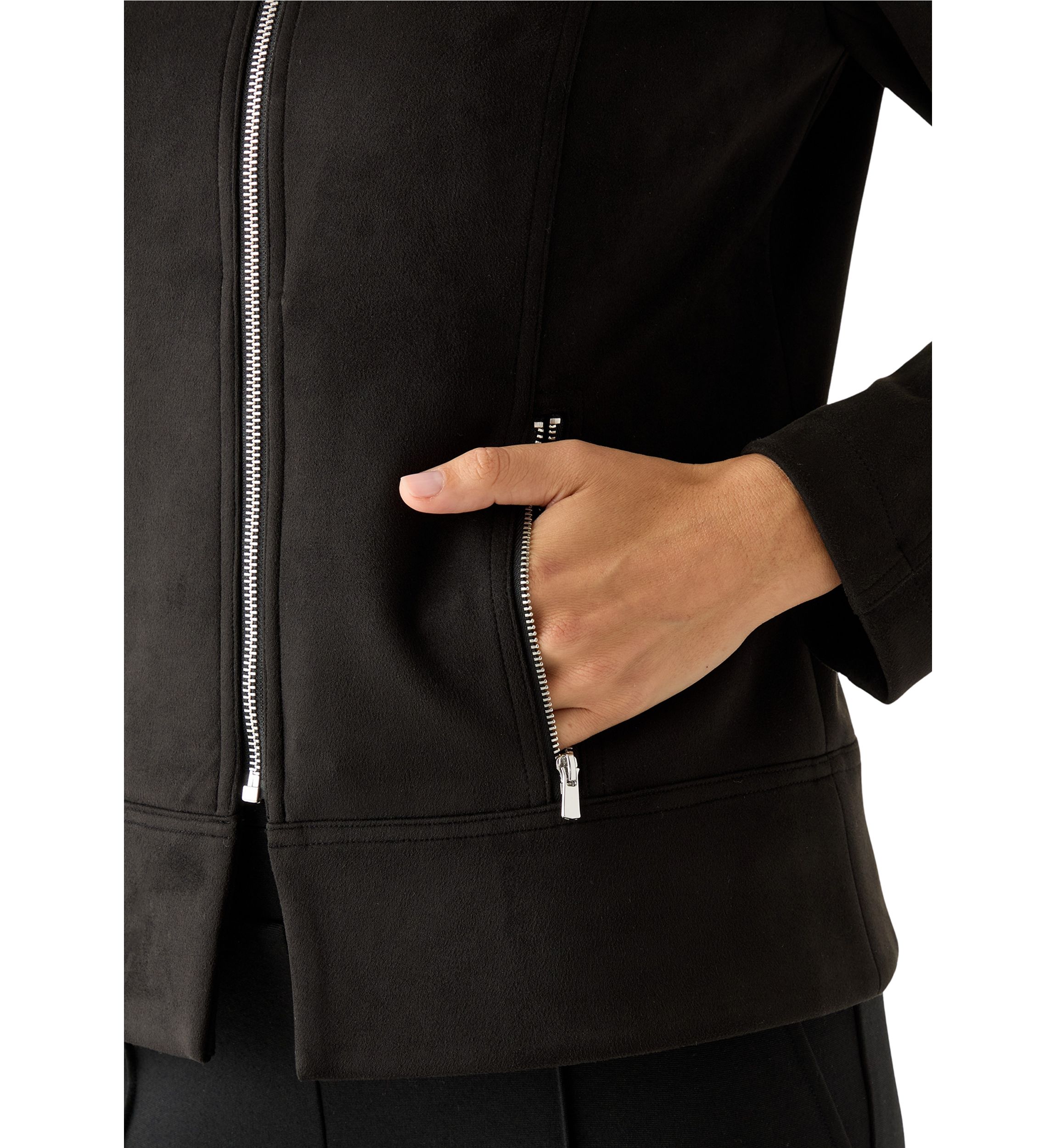 Womens Zip Front Collarless Vegan Suede Jacket
