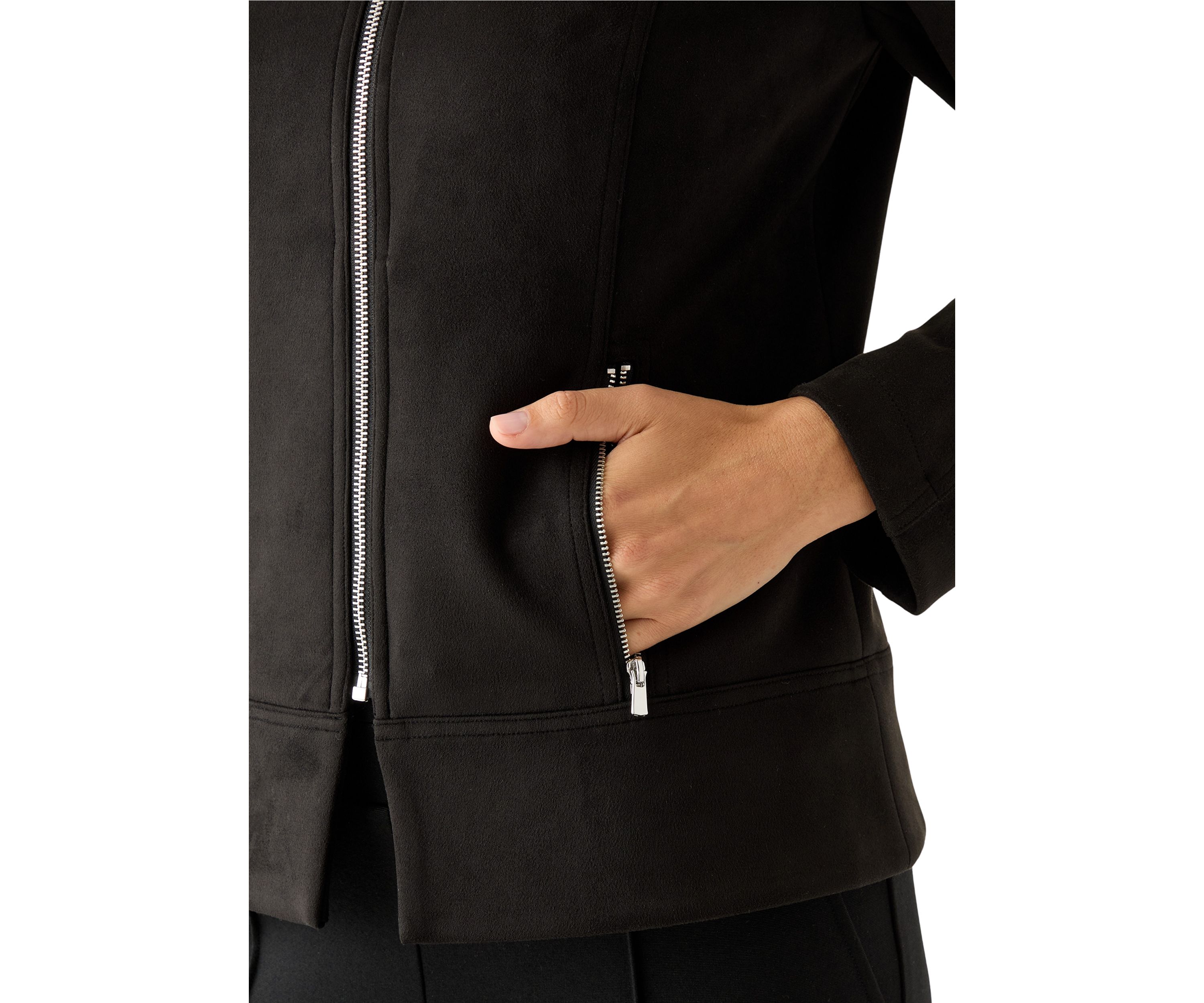 Womens Zip Front Collarless Vegan Suede Jacket