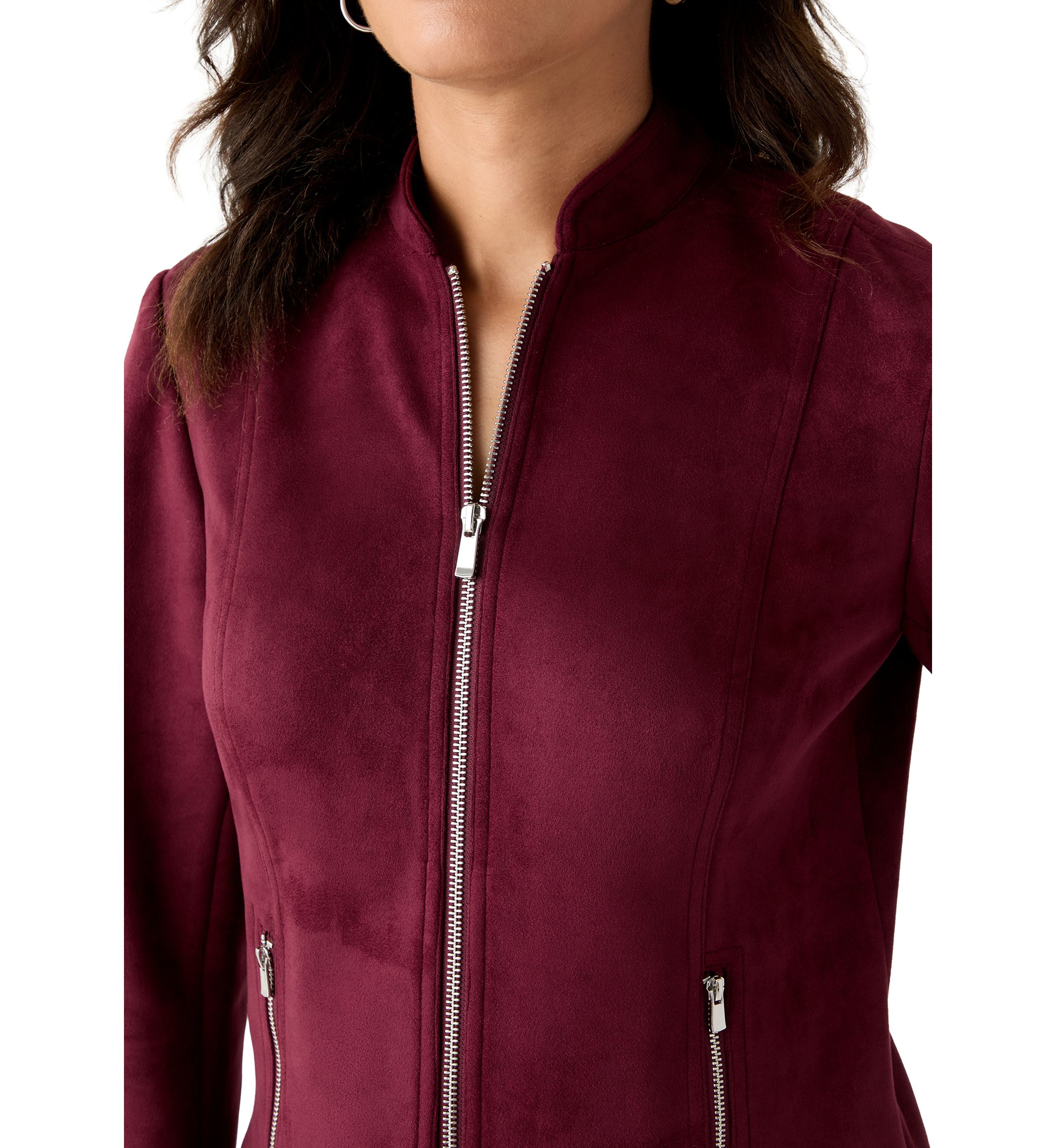 Womens Zip Front Collarless Vegan Suede Jacket